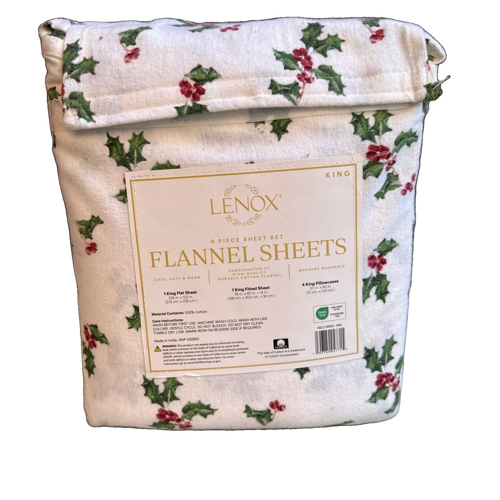 Lenox 6 Piece Flannel Sheet Set KING Holly Green